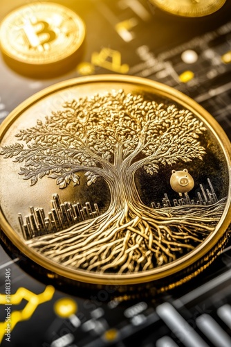 Close-up of a gold coin with a detailed carving of a tree with spreading roots symbolizing financial success and financial stability. photo