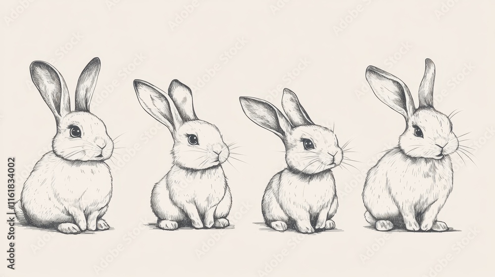Fototapeta premium Cute Illustrations of Four Different Rabbit Characters in a Row