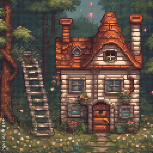 Pixel art depicting a quaint house amidst a lush forest.