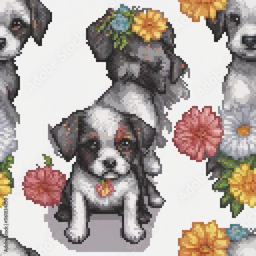 Pixel art cross stitch pattern featuring three adorable dogs amidst blooming flowers.