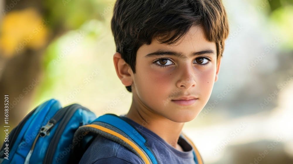 Thoughtful Middle Eastern Boy with Backpack in Close-up Shot Against Blurred Background for Copy Space. Thoughtful Middle Eastern Boy with Backpack in Close-up Shot Against Blurred Background for Copy Space.
