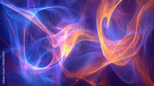 "Futuristic 3D Render of Abstract Geometric Shapes with Blue and Orange Neon Lighting and Glowing Wavy Lines"