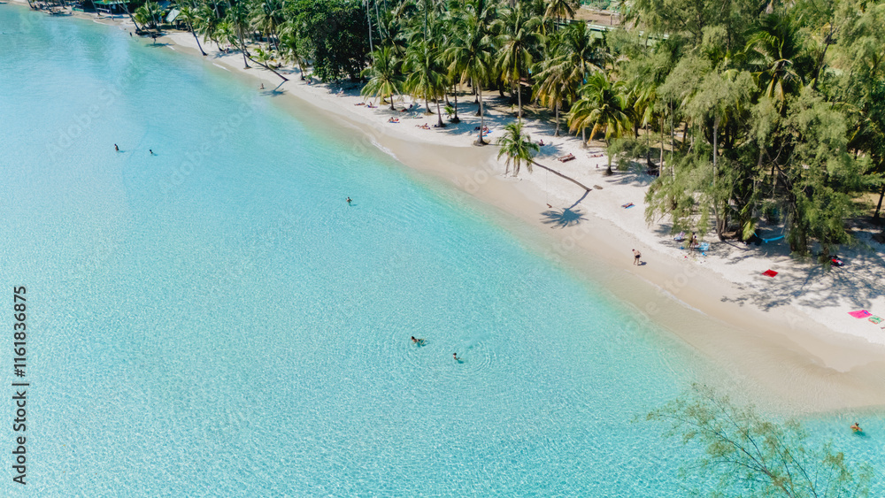 Crystal-clear waters lap gently against the soft, sandy beach of Koh Kood, Thailand. Lush palm trees sway as visitors enjoy a tranquil day, embracing nature's beauty and warmth. Crystal-clear waters lap gently against the soft, sandy beach of Koh Kood, Thailand. Lush palm trees sway as visitors enjoy a tranquil day, embracing nature's beauty and warmth.