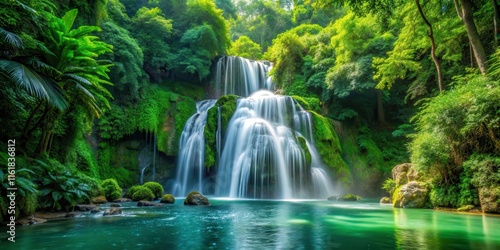 Lush waterfall surrounded by vibrant green vegetation, waterfall, cascada, nature, landscape, scenery, lush, greenery, trees