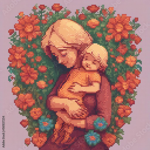 Pixel art depicting a cross stitch of a mother cradling her newborn.