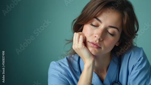 Tired nurse or doctor with short brown hair, eyes closed and resting. Chin resting on hand. Blue uniform and stethoscope. Overworked health care worker. Copy space. photo