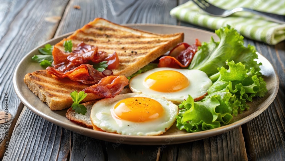 Plate of breakfast with fried eggs, bacon, toast, and lettuce on background, breakfast, fried eggs, bacon, toasts, lettuce Plate of breakfast with fried eggs, bacon, toast, and lettuce on background, breakfast, fried eggs, bacon, toasts, lettuce