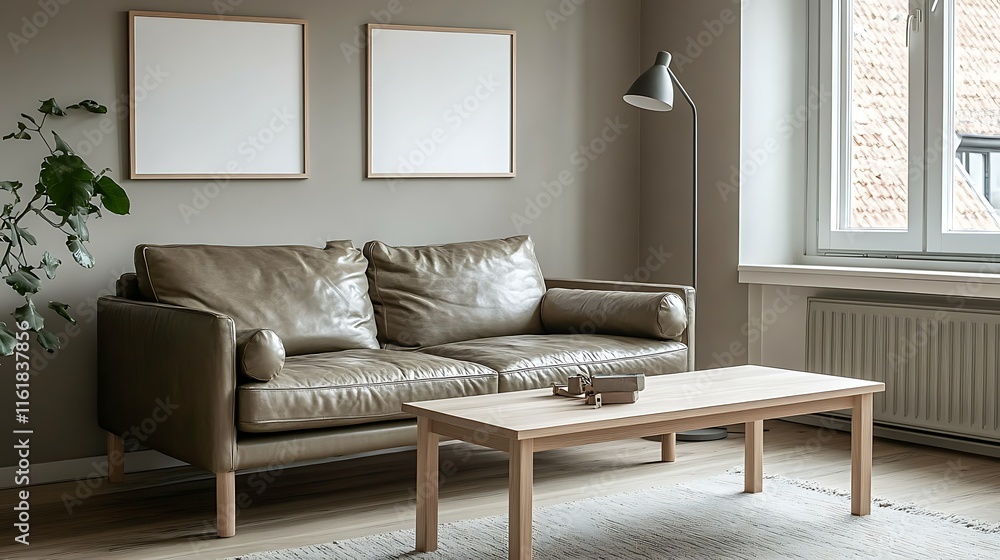 Modern living room interior with leather sofa, wooden coffee table, and blank frames. Modern living room interior with leather sofa, wooden coffee table, and blank frames.