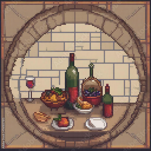 Pixel art depicting a rustic table set with food and wine against a brick backdrop.