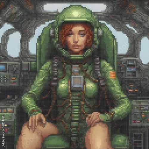 Woman in green space suit aboard spaceship, pixel art style