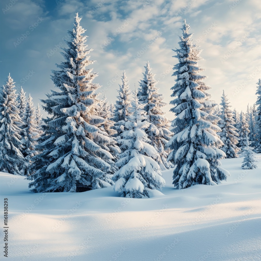 Snowy Winter Landscape with Pine Trees and Blue Sky Snowy Winter Landscape with Pine Trees and Blue Sky