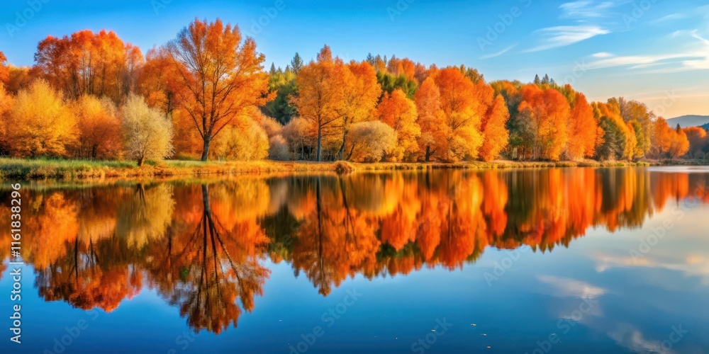 Serene autumn landscape featuring a reflective lake and vibrant orange trees, autumn, landscape, serene, lake Serene autumn landscape featuring a reflective lake and vibrant orange trees, autumn, landscape, serene, lake