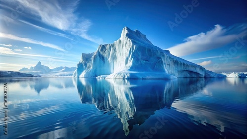 Majestic iceberg reflecting in calm, blue ocean water under a clear sky, iceberg, majestic, reflection, calm, blue, ocean