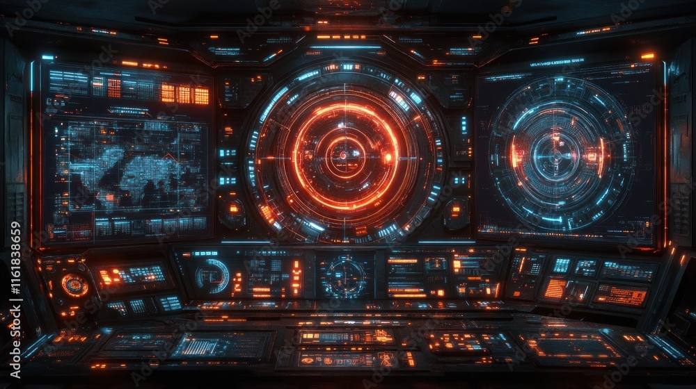 Futuristic spaceship control panel with holographic displays. Futuristic spaceship control panel with holographic displays.
