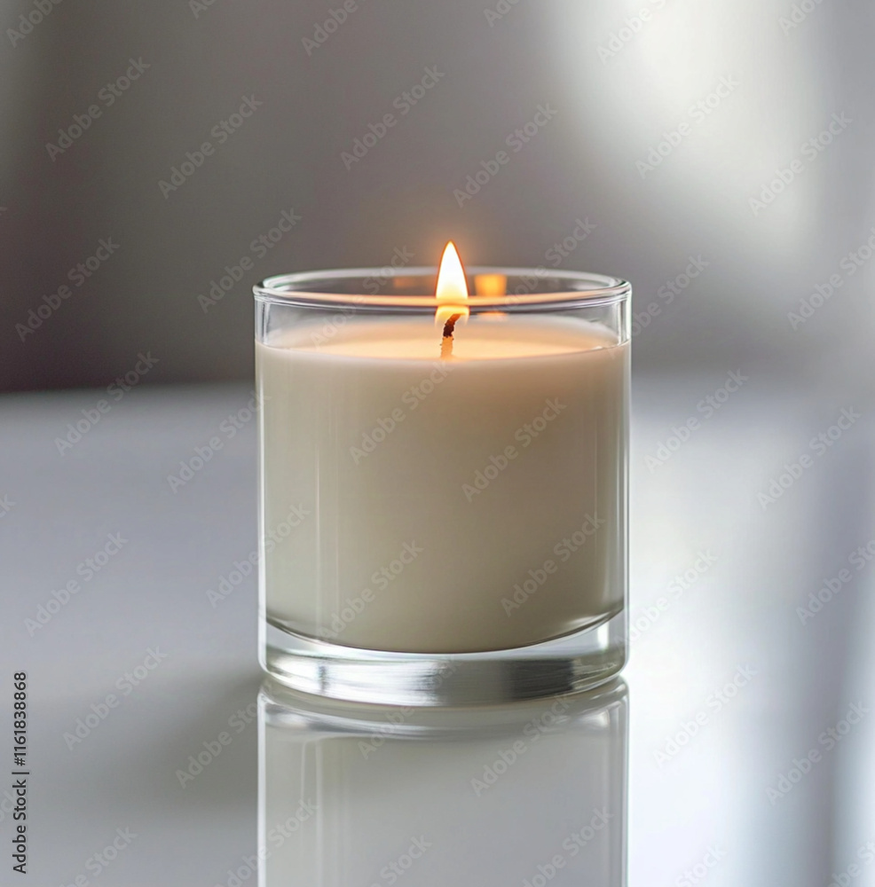a luxury one wick soy candle housed in a clear tall glass jar with milky white soy wax. with steady warm flames on a white table with a reflection and a smoth white background. a luxury one wick soy candle housed in a clear tall glass jar with milky white soy wax. with steady warm flames on a white table with a reflection and a smoth white background.