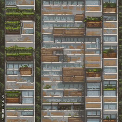 Stunning pixel art of a majestic skyscraper with numerous windows and balconies.