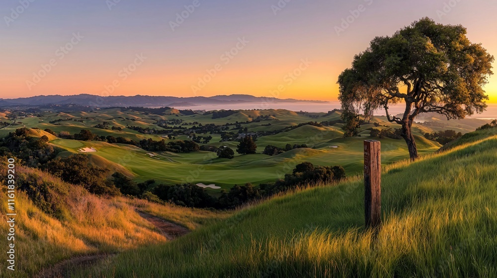 Obraz premium Sunrise over rolling hills, golf course, and lone tree.