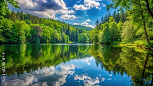 Tranquil landscape featuring a serene lake surrounded by a lush forest , serene, landscape, lake, forest, tranquil, peaceful
