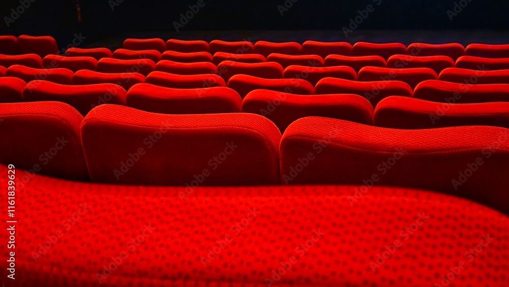 Obraz premium Red cinema auditorium seats with backlight and copy space for text