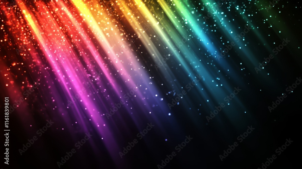 Fototapeta premium A vibrant display of colorful light rays with sparkling particles set against a dark background, creating a mesmerizing visual effect.