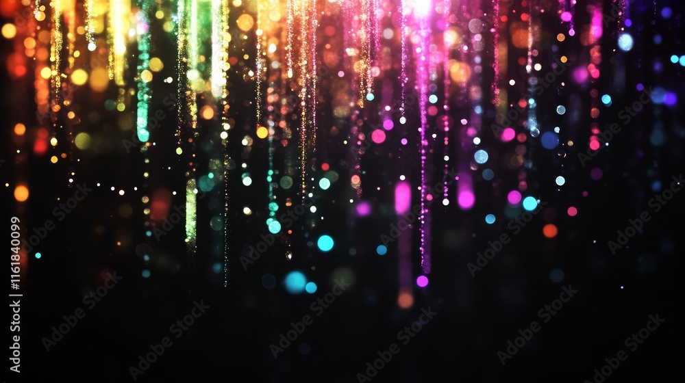 A vibrant display of colorful lights resembling falling rain, creating a magical and festive atmosphere against a dark background. A vibrant display of colorful lights resembling falling rain, creating a magical and festive atmosphere against a dark background.