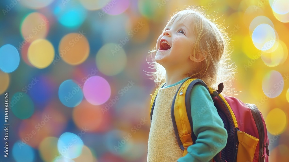 Bright Future Awaits: Happy Child With Backpack in Colorful Atmosphere Bright Future Awaits: Happy Child With Backpack in Colorful Atmosphere