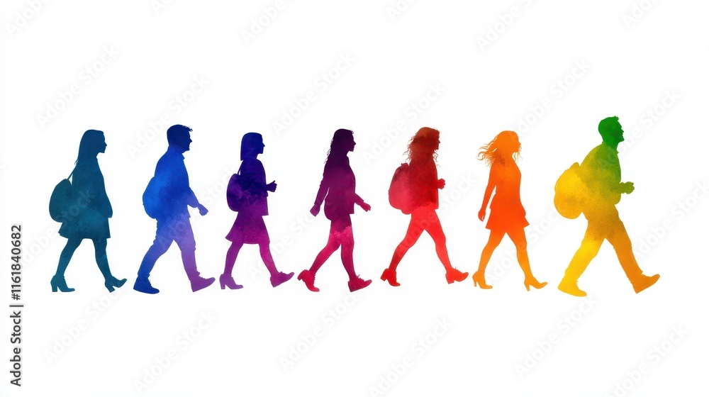 Dynamic walking figures in vibrant colors urban setting graphic illustration creative environment side view movement concept Dynamic walking figures in vibrant colors urban setting graphic illustration creative environment side view movement concept