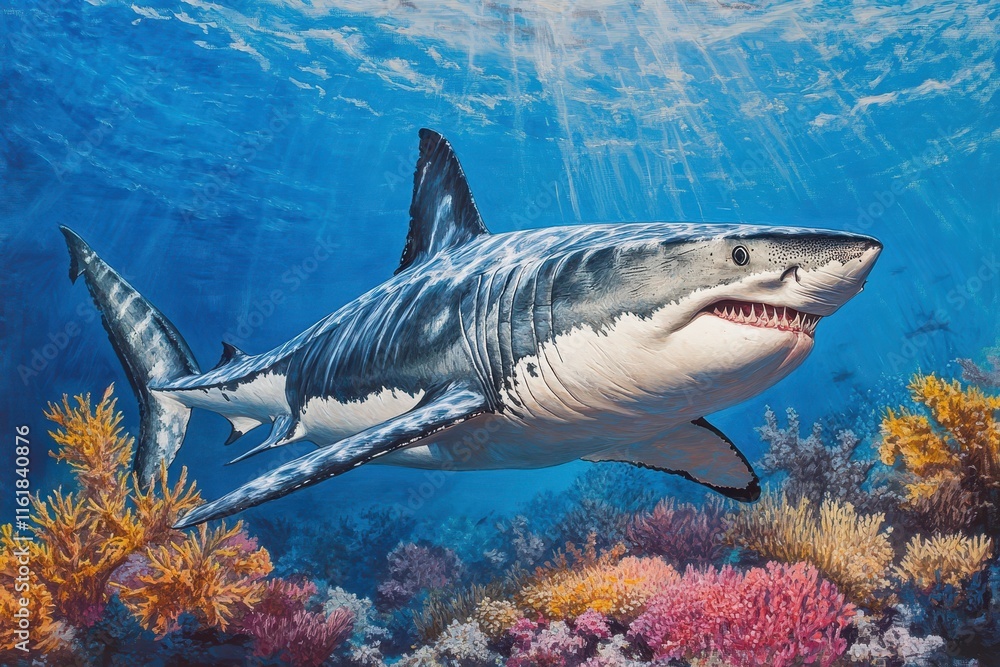 Naklejka premium A great white shark glides through vibrant coral reefs, surrounded by a diverse underwater ecosystem, under the shimmering sunlight filtering from above.