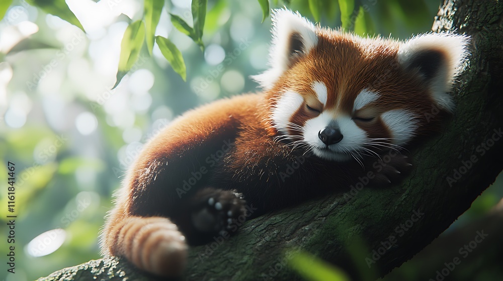 Fototapeta premium Adorable Red Panda Napping Peacefully on a Tree Branch