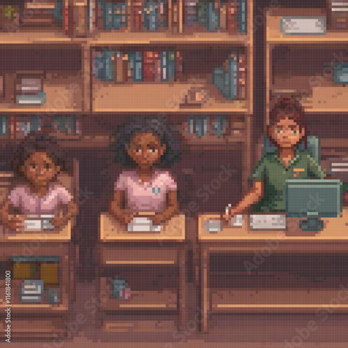 Pixel art of children enjoying a library study session