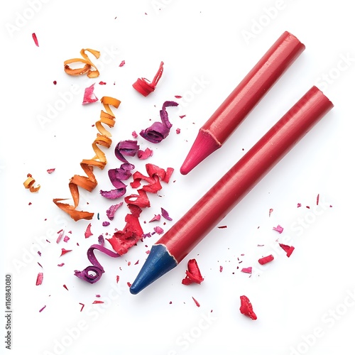 Wax pastel, colorful crayons and spiral shavings from sharpener isolated on white, top view--ar 5:3


