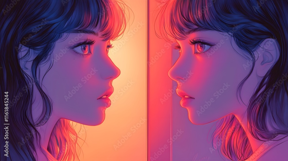 Lofi anime style illustration of A digital artwork of a girl facing her reflection, bathed in vibrant neon lighting. The colors are striking and the artwork is detailed. Lofi anime style illustration of A digital artwork of a girl facing her reflection, bathed in vibrant neon lighting. The colors are striking and the artwork is detailed.