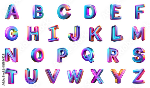 set of neon 3d alphabet letters isolated on transparent background, cut out, PNG