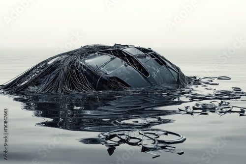 A submerged, tangled mass of debris floating in calm waters, highlighting environmental concerns. photo