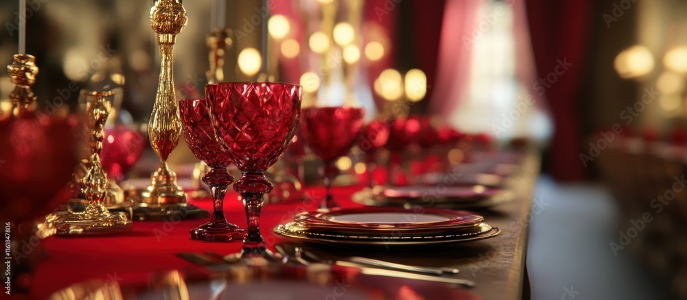 Elegant red and gold dinner table setting with candles and glassware.