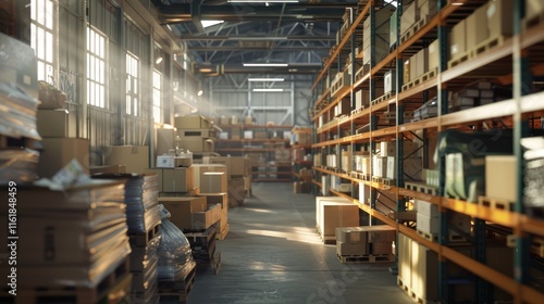 Sunlit warehouse aisle with stacked cardboard boxes and pallets on shelves.