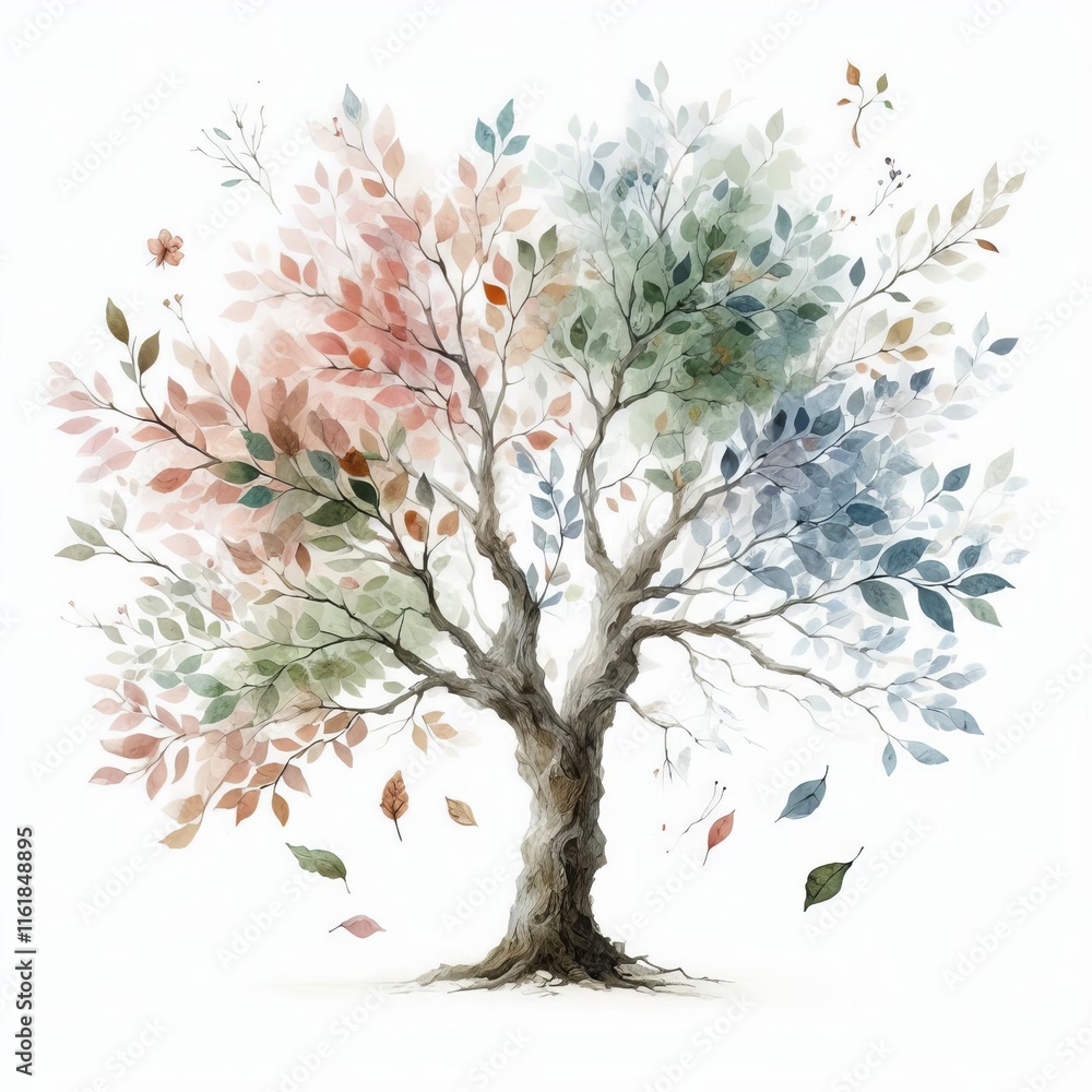 Fototapeta premium Watercolor Trees with Digital Leaves Watercolor trees with digit