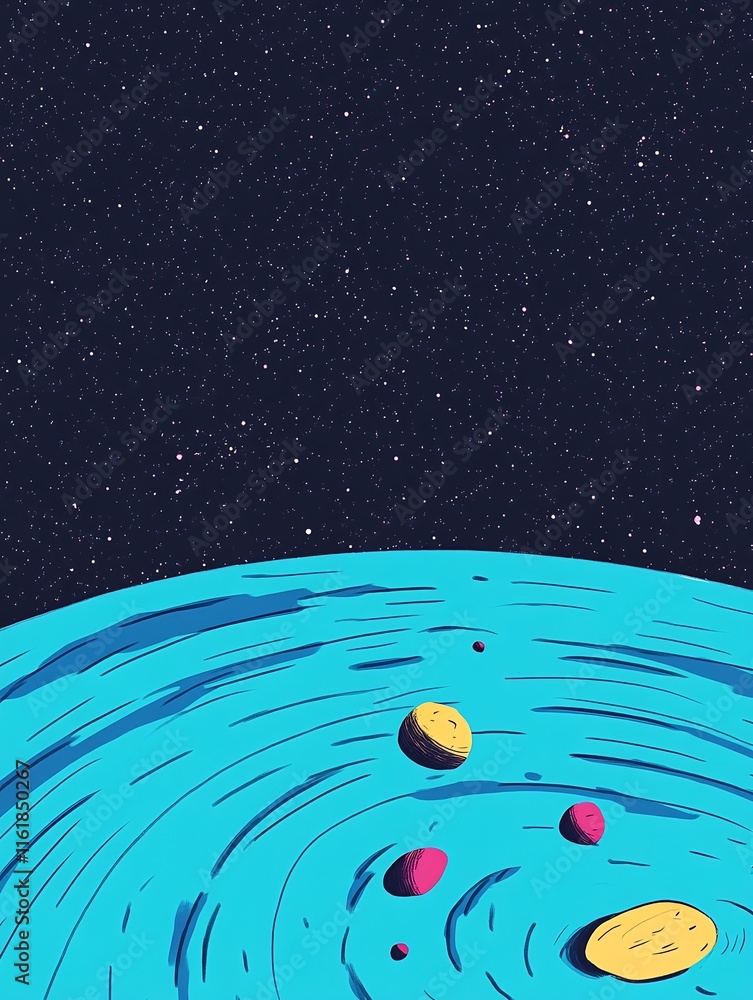 Fototapeta premium Vibrant Digital Painting: Planets Gently Falling into Cosmic Ocean. AI Generated