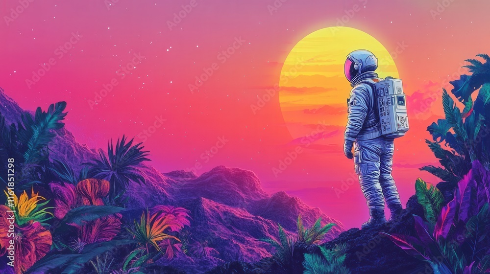 Fototapeta premium Astronaut Contemplates Sunset Tropical Alien Landscape