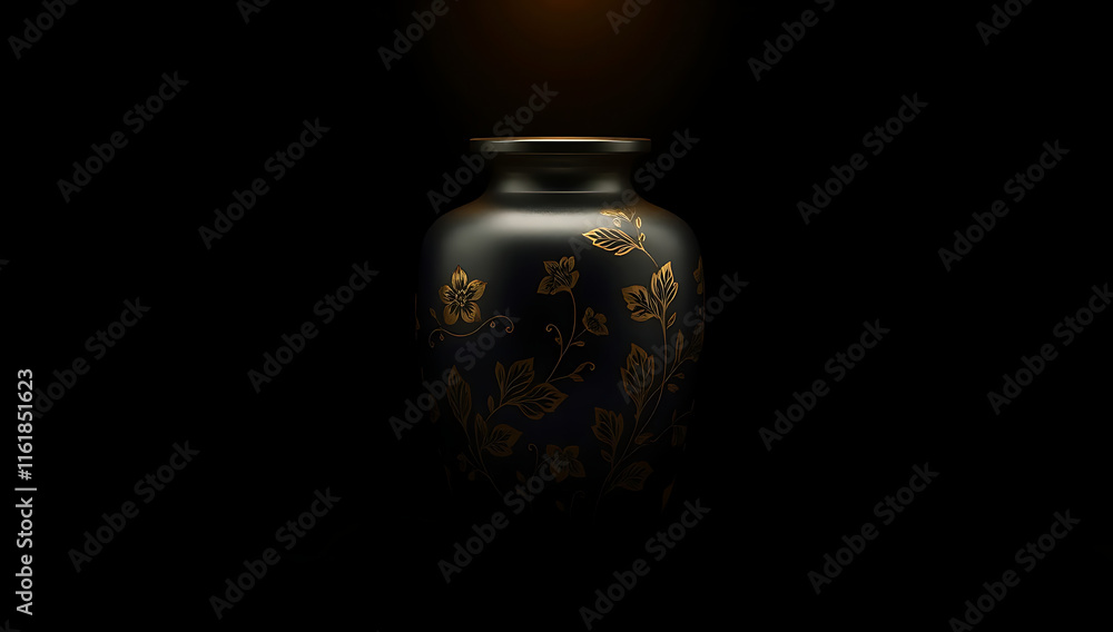 A minimalist depiction of a cremation urn with intricate gold engravings, set on a dark background A minimalist depiction of a cremation urn with intricate gold engravings, set on a dark background