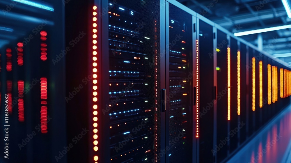 Rows of server racks in a modern data center, with glowing LED lights and cabling visible Rows of server racks in a modern data center, with glowing LED lights and cabling visible