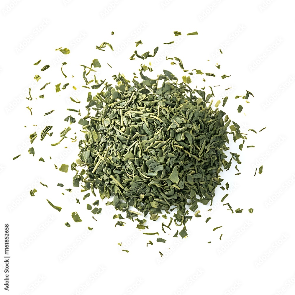 
Sencha green tea pile isolated on white, top view