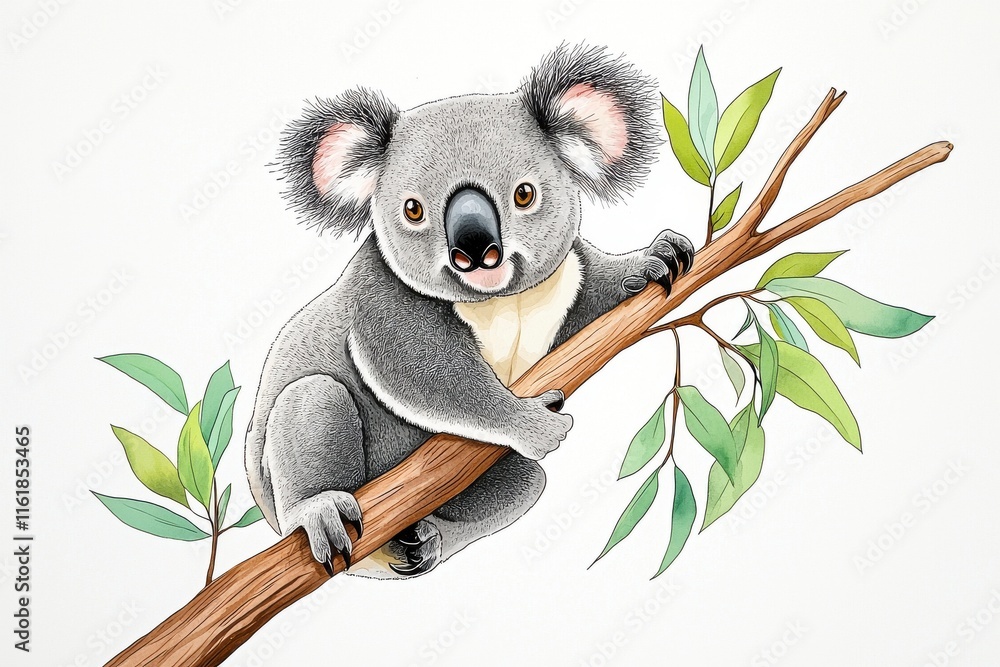 Obraz premium Charming Illustration of a Koala Sitting on a Branch with Leaves