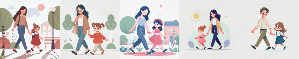 vector set of mother walking with her daughter vector set of mother walking with her daughter