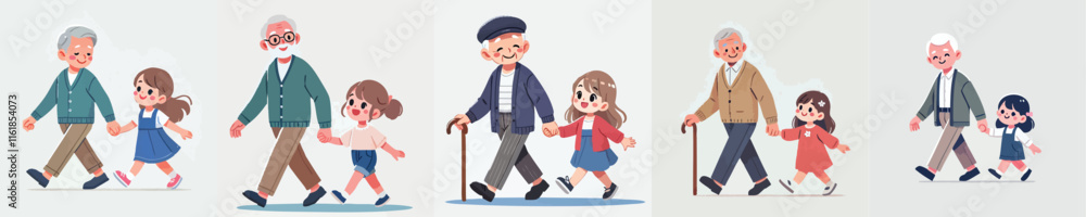 vector set of grandfather walking with his daughter vector set of grandfather walking with his daughter
