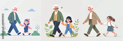 vector set of grandfather walking with his daughter