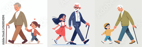 vector set of grandfather walking with his daughter