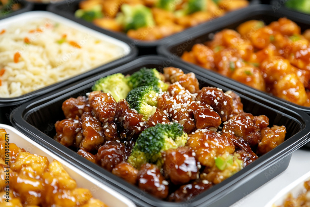 Close-up of Chinese food trays with broccoli, rice, and glazed chicken Close-up of Chinese food trays with broccoli, rice, and glazed chicken