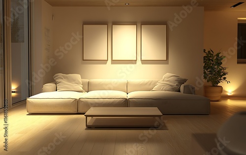 Modern minimalist living room at night with beige sofa, wooden floor, and three blank frames.
