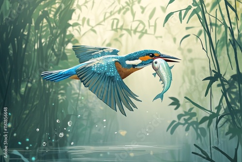 Common European Kingfisher Flying with fish catch photo